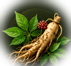 Ginseng roots, foliage, and berries