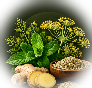 Fennel seeds, fresh leaves and ginger roots