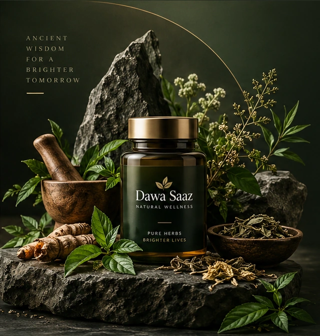 Dawa Saaz herbal wellness product surrounded by botanical roots, leaves, a wooden mortar and natural stones