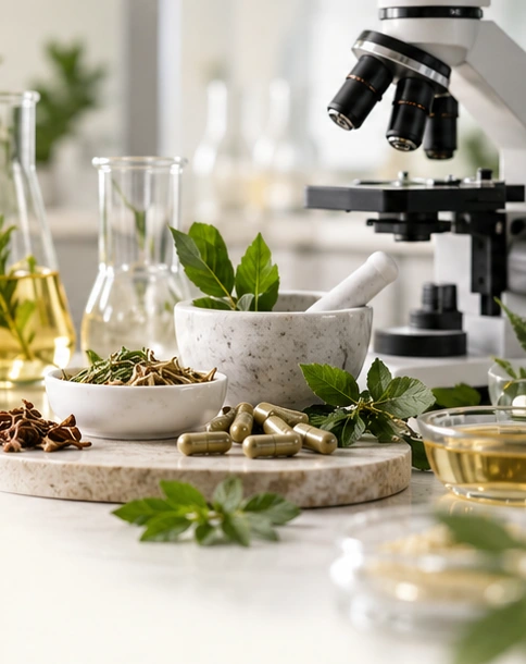 Herbal botanicals, laboratory glassware, supplements and a microscope